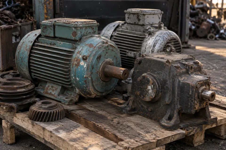 Kullanım dışı elektrik motorları, dişliler ve makine parçaları